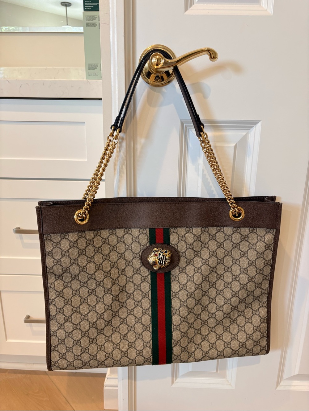 Gucci Rajah Monogram Tote with Red & Green Stripe